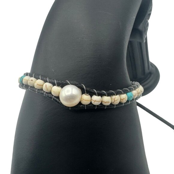Adjustable Leather Beaded Bracelet Freshwater Pearl Turquoise Howlite Accents - Picture 5 of 6